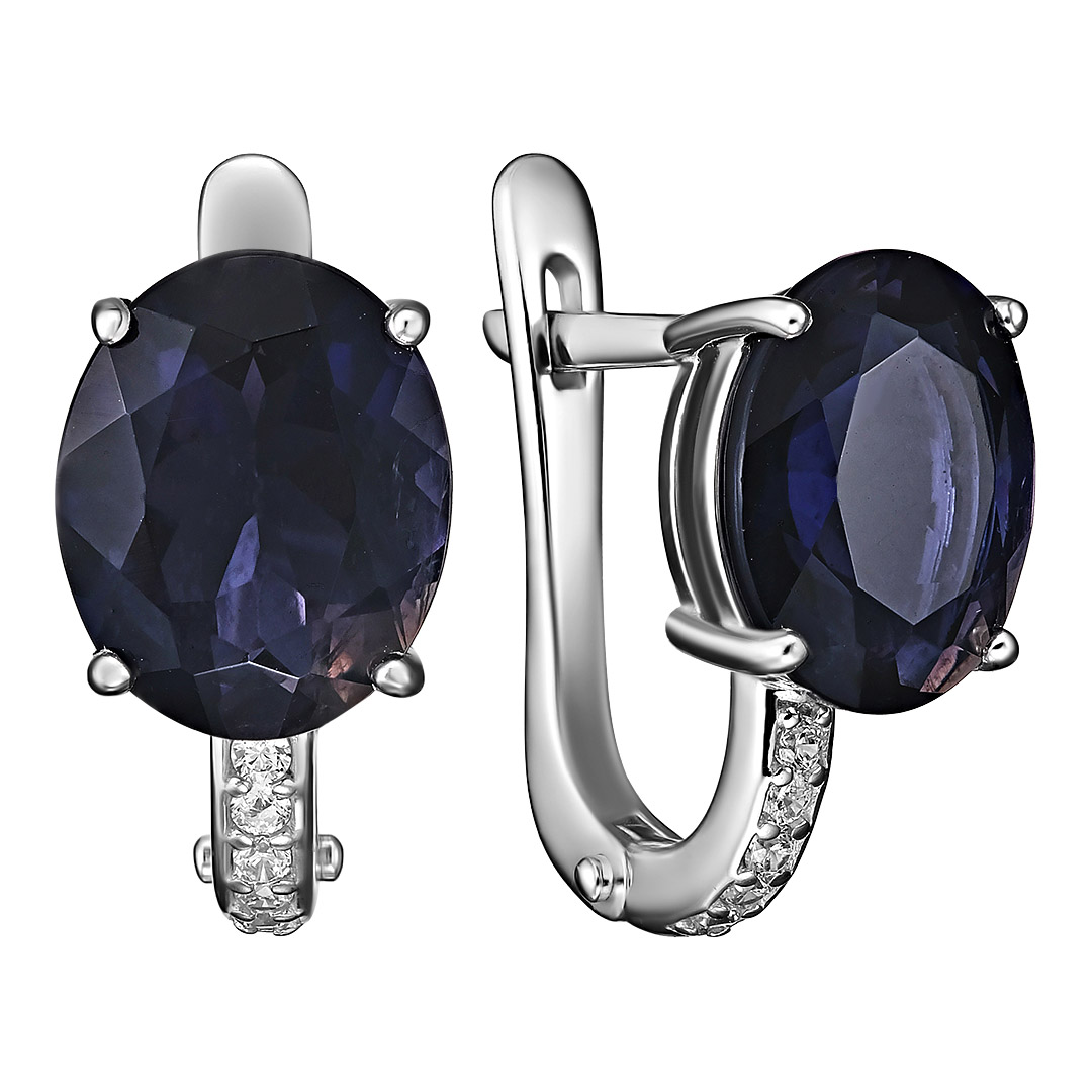 Серебряные серьги 925 пробы; вставки 2 Иолит; 10 Фианит бесцв.;