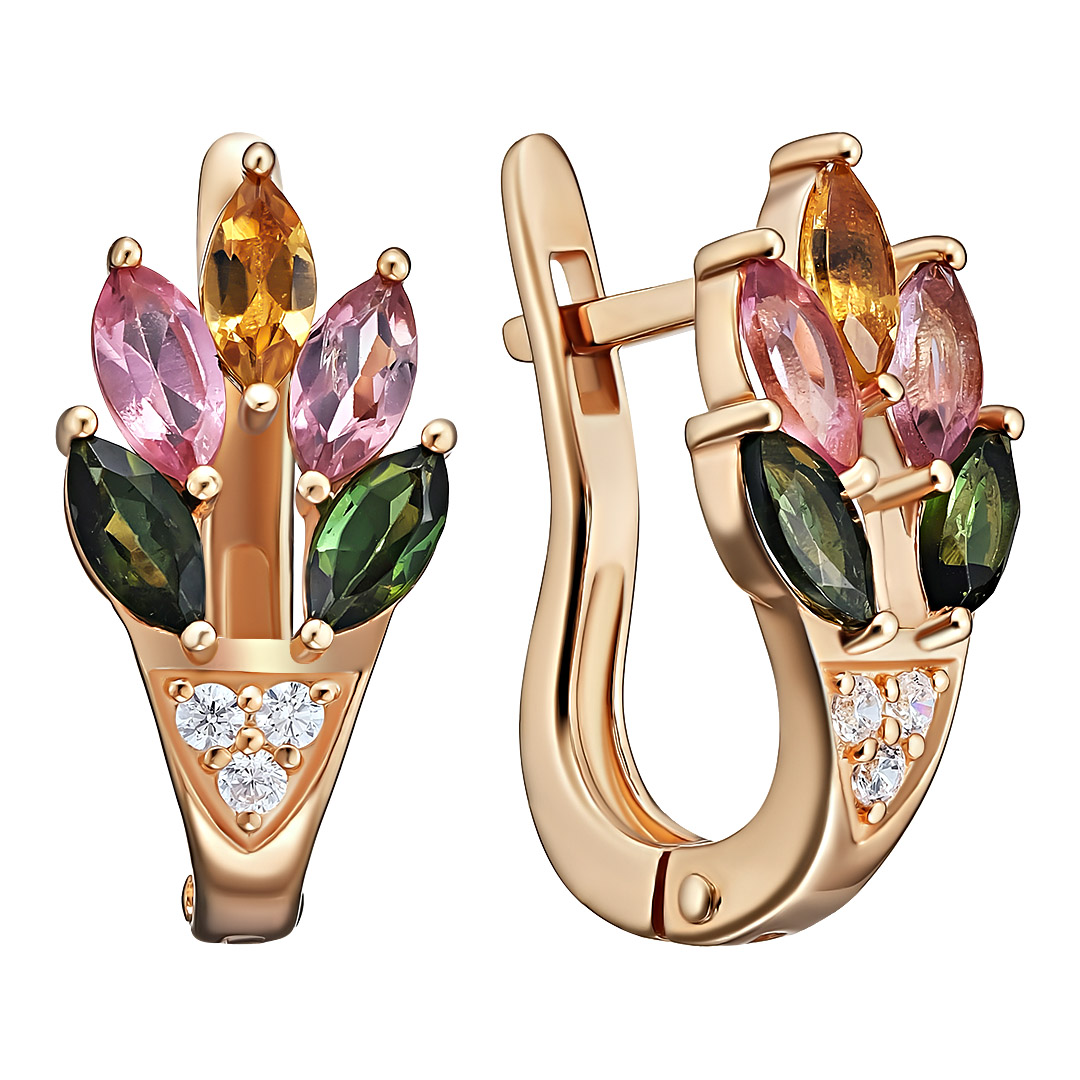 Серебряные серьги 925 пробы; вставки 10 Турмалин разноцв.; 6 Фианит бесцв.;