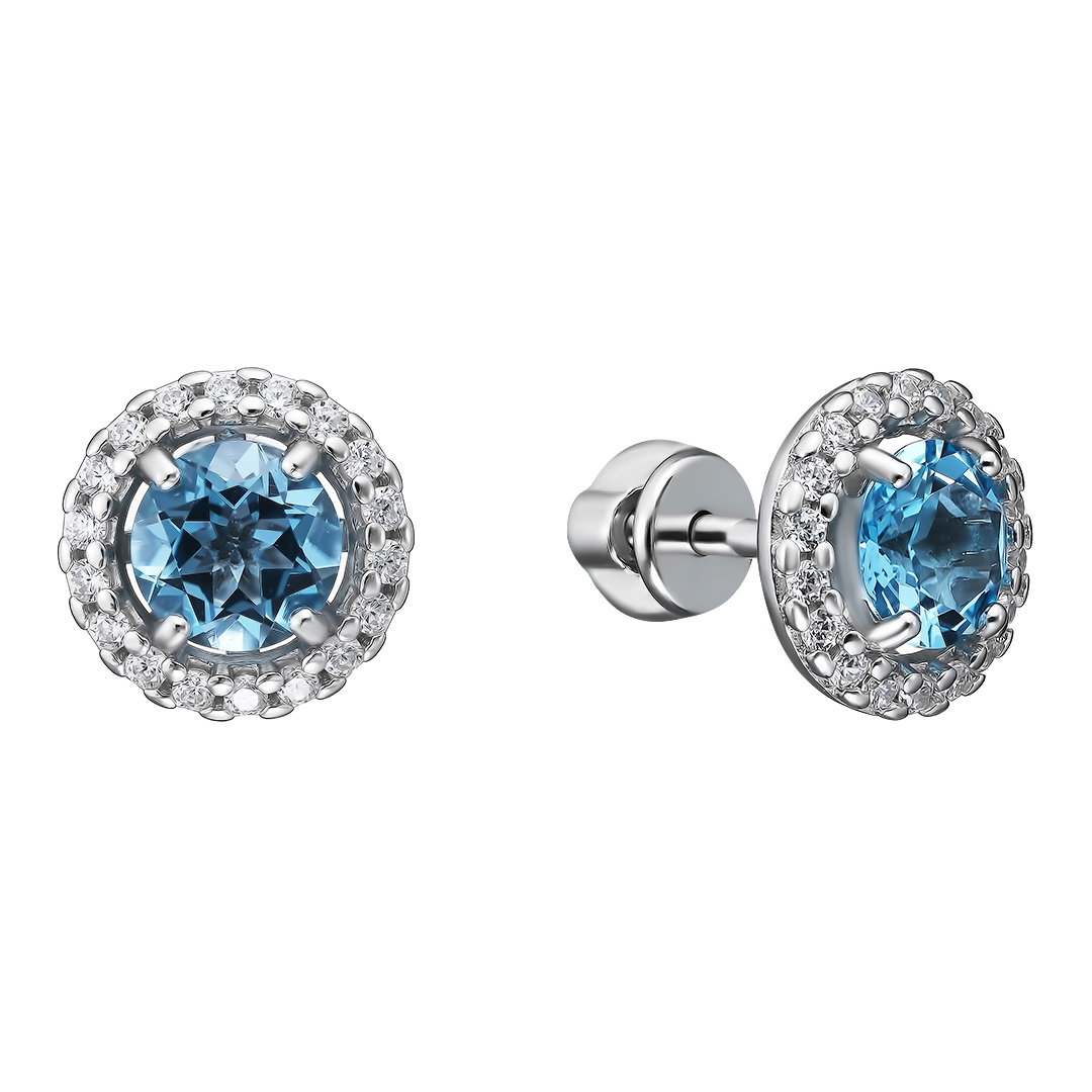Серебряные серьги-пусеты 925 пробы; вставки 2 Топаз swiss; 36 Фианит бесцв.;