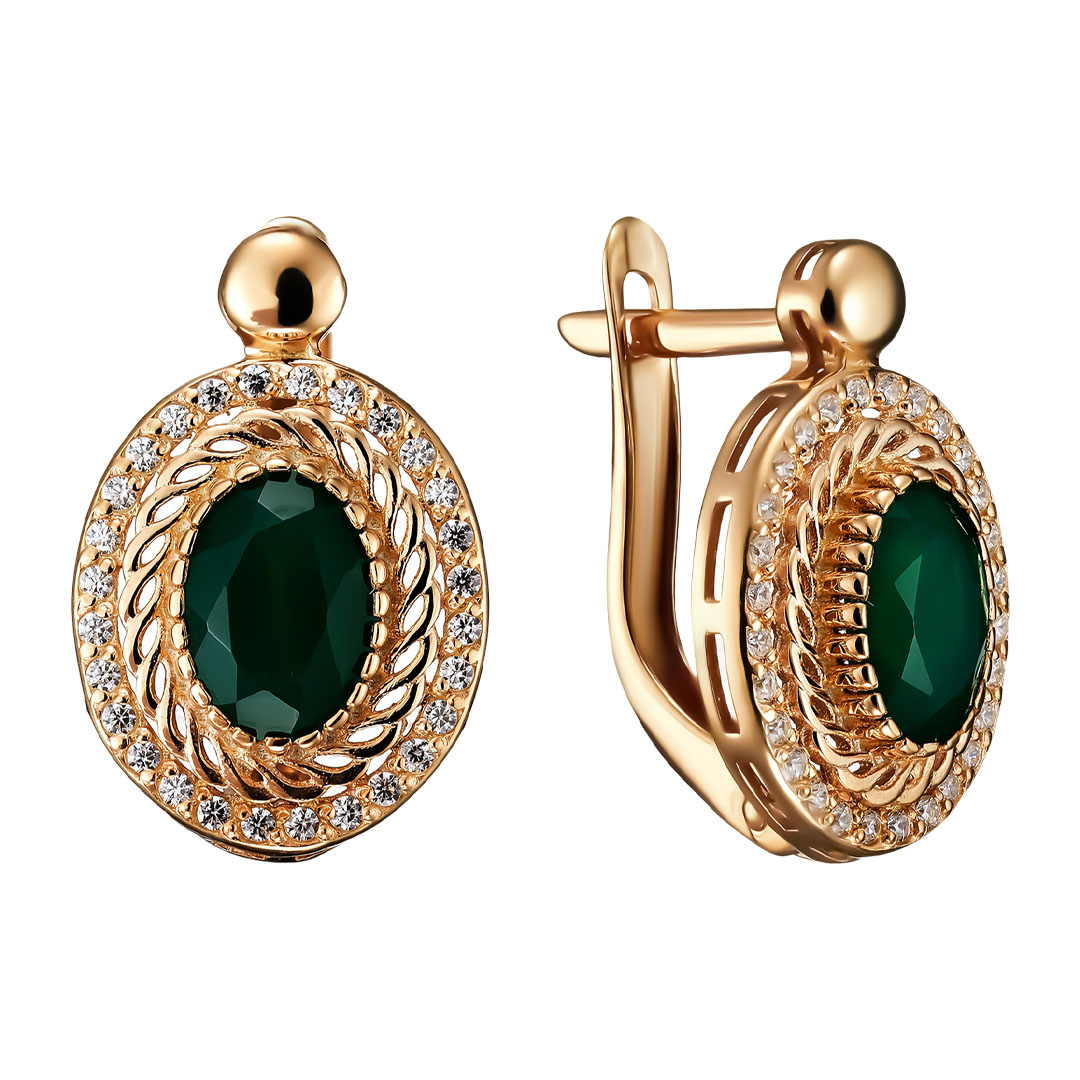 Серебряные серьги 925 пробы; вставки 2 Агат зелёный; 56 Фианит бесцв.;