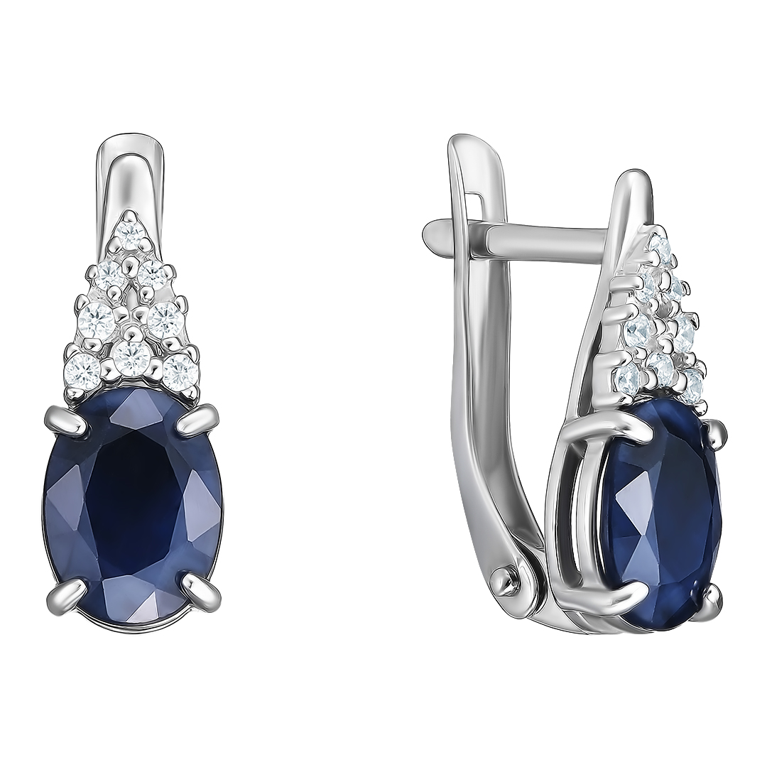 Серебряные серьги 925 пробы; вставки 2 Сапфир 3,57 U/2; 16 Фианит бесцв.;
