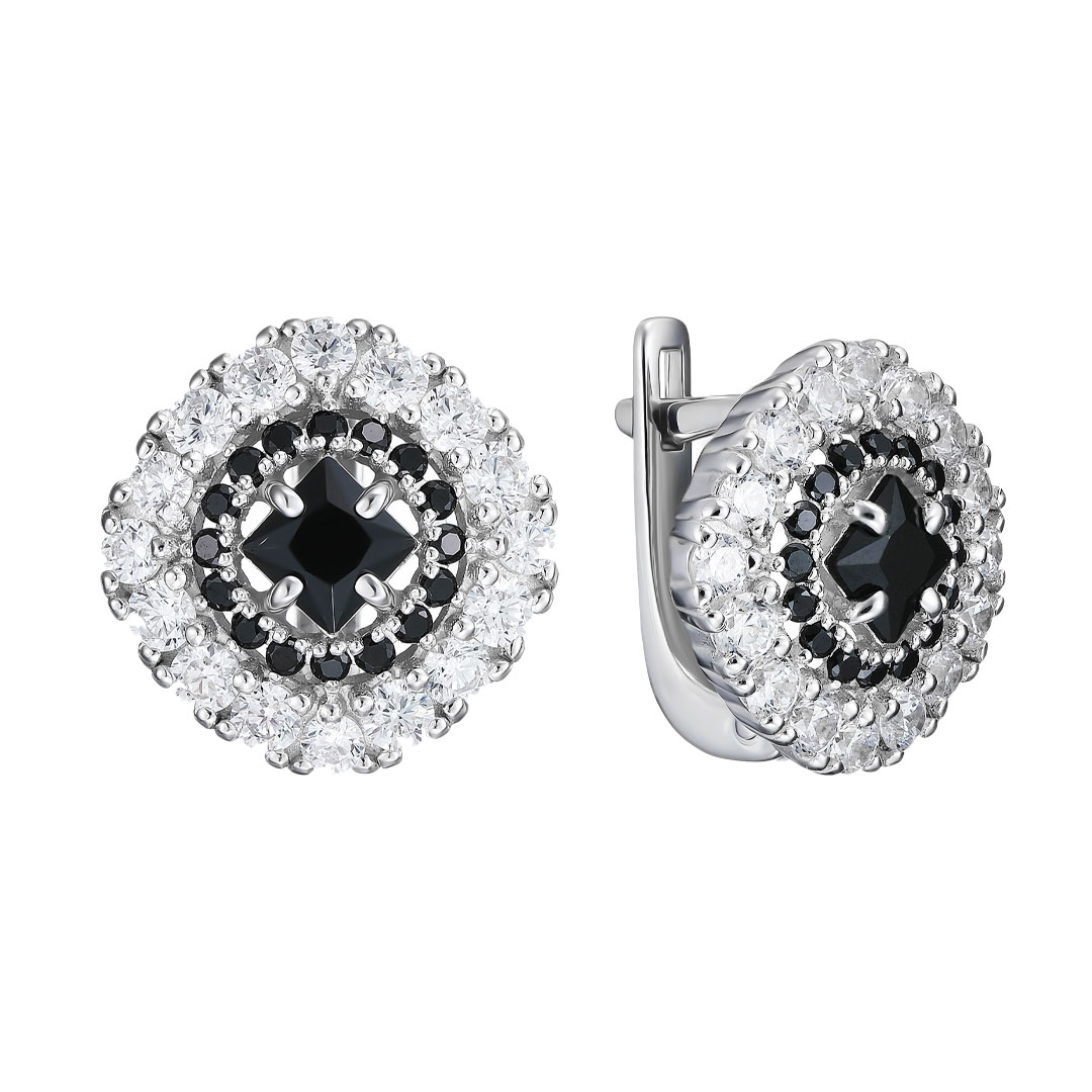 Серебряные серьги 925 пробы; вставки 2 Шпинель черн.; 32 Фианит бесцв.; 32 Фианит черн.;