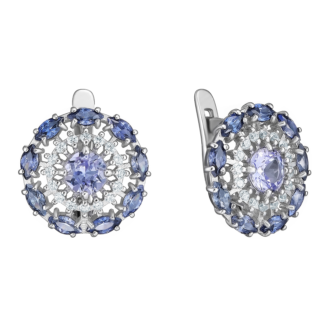 Серебряные серьги 925 пробы; вставки 2 Танзанит; 18 Фианит фиолет.; 32 Фианит бесцв.;