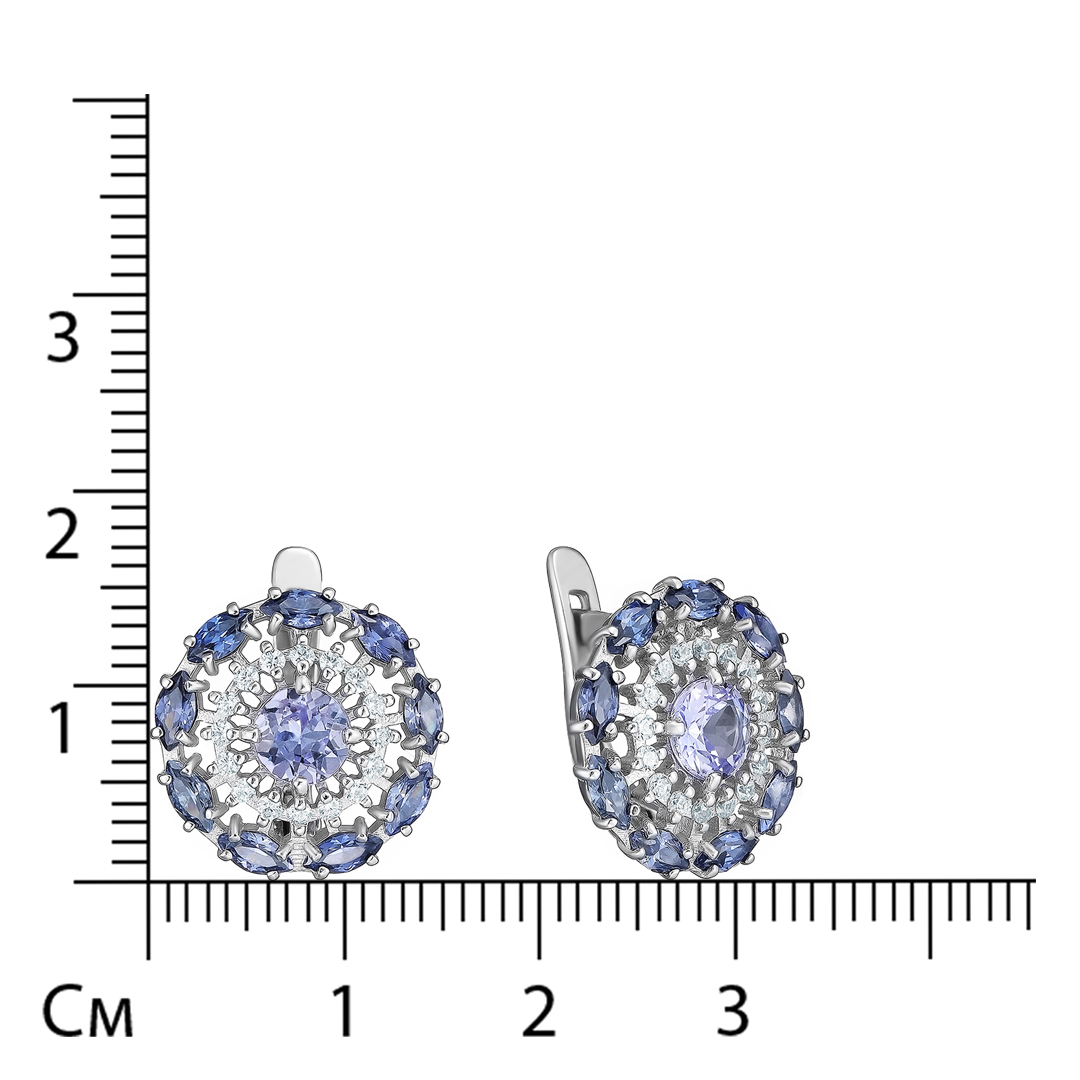 Серебряные серьги 925 пробы; вставки 2 Танзанит; 18 Фианит фиолет.; 32 Фианит бесцв.;