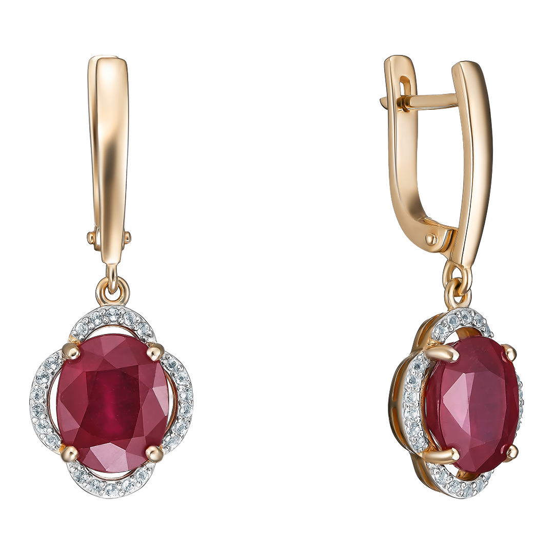 Серебряные серьги 925 пробы; вставки 2 Рубин F/2 7,628; 44 Топаз белый;