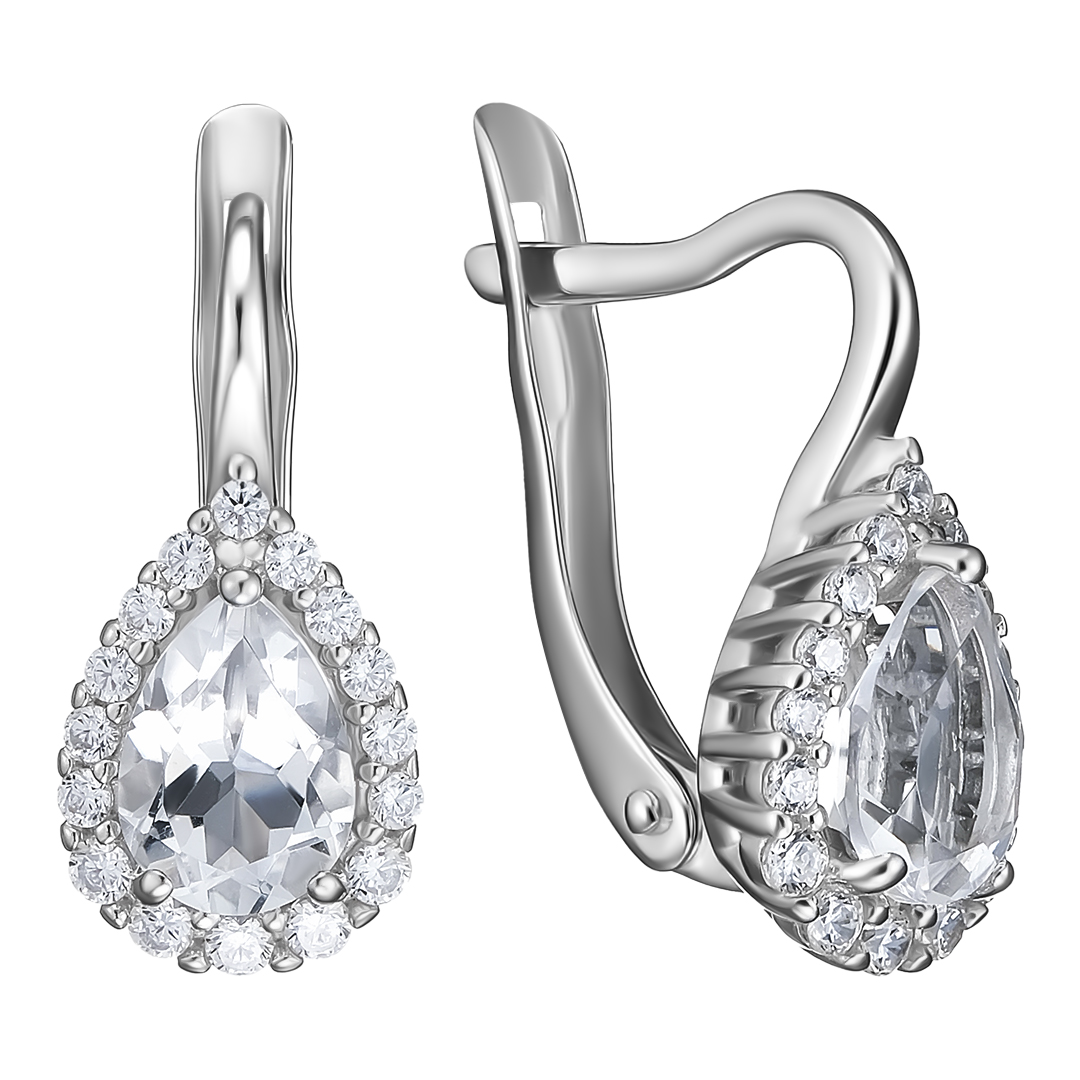 Серебряные серьги 925 пробы; вставки 2 Горный хрусталь; 32 Фианит бесцв.;