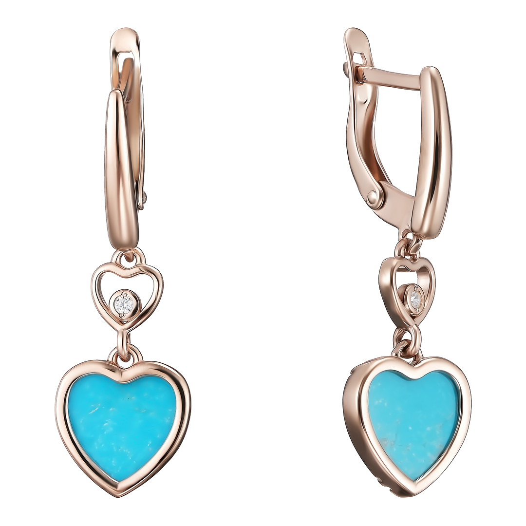 Серебряные серьги 925 пробы; вставки 2 Бирюза нат.; 2 Фианит бесцв.;