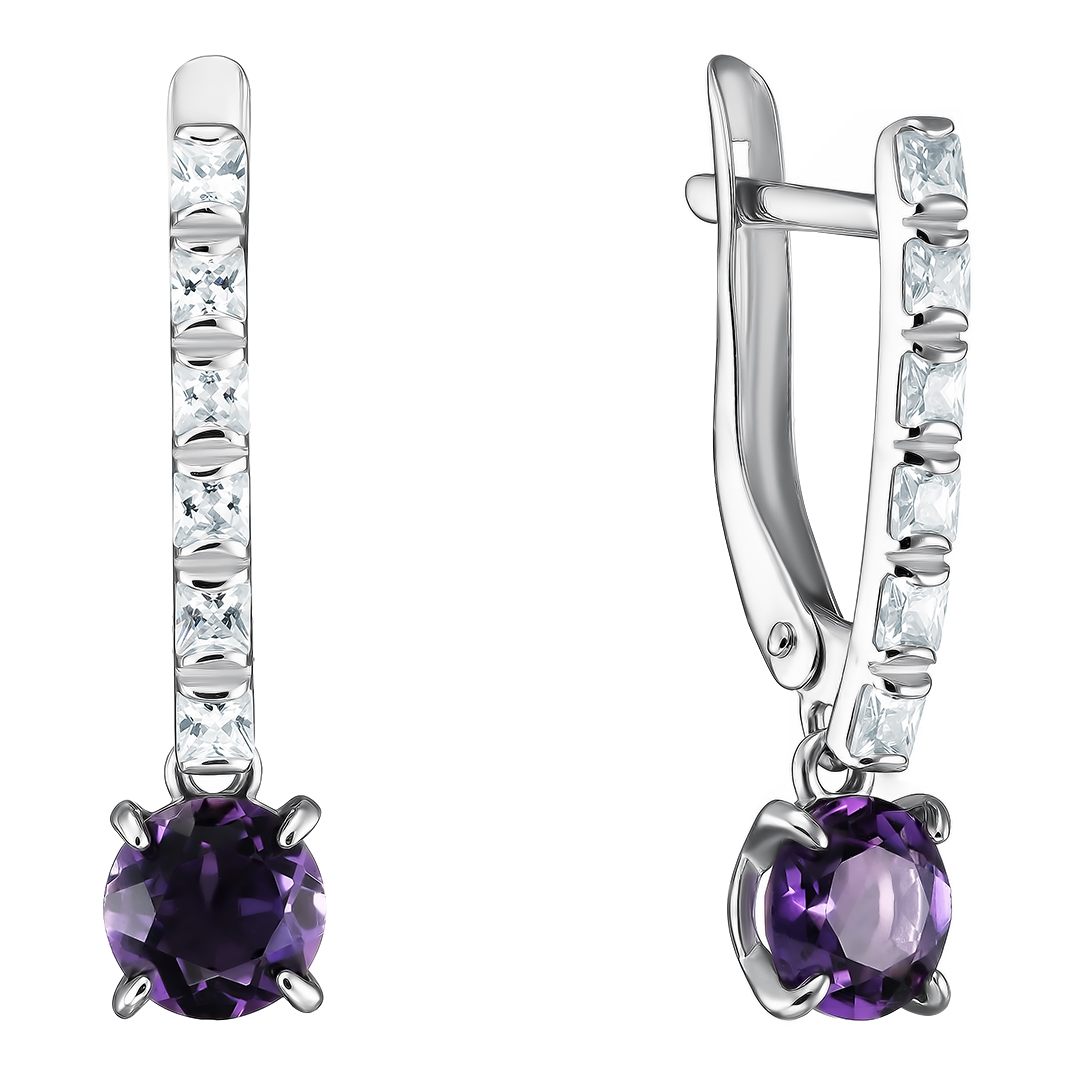 Серебряные серьги 925 пробы; вставки 2 Аметист; 12 Фианит бесцв.;