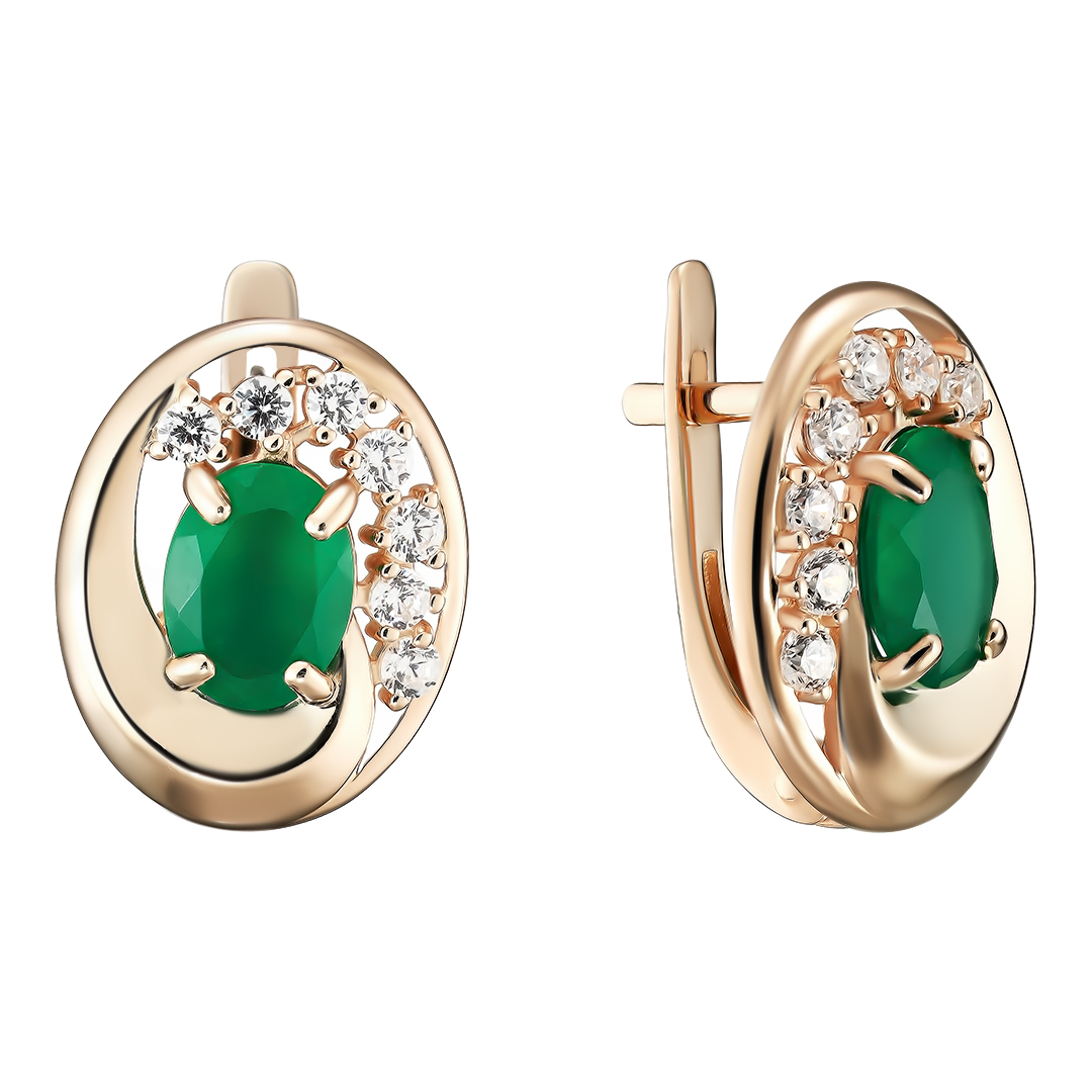Серебряные серьги 925 пробы; вставки 2 Хризопраз; 14 Фианит бесцв.;