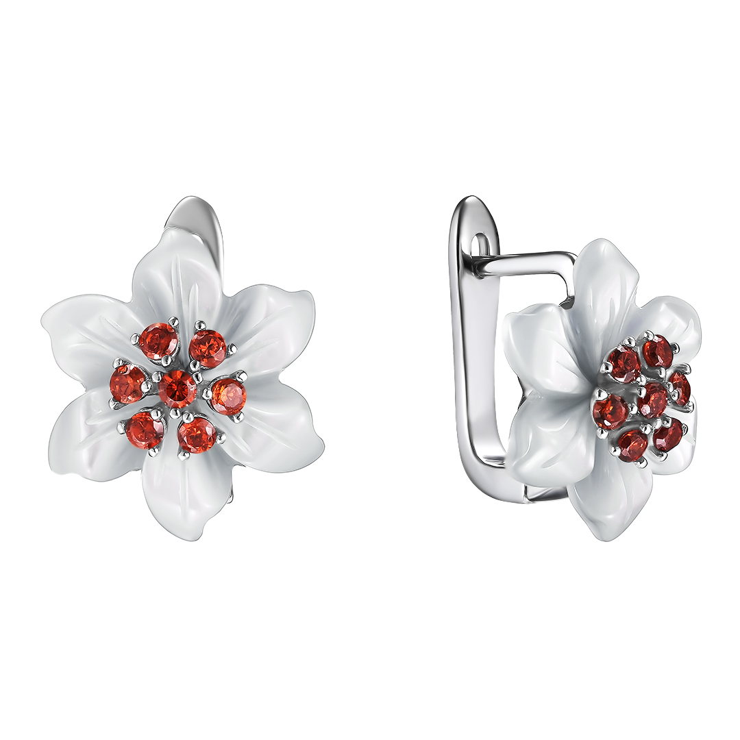 Серебряные серьги 925 пробы; вставки 2 Перламутр белый; 14 Фианит оранж.;