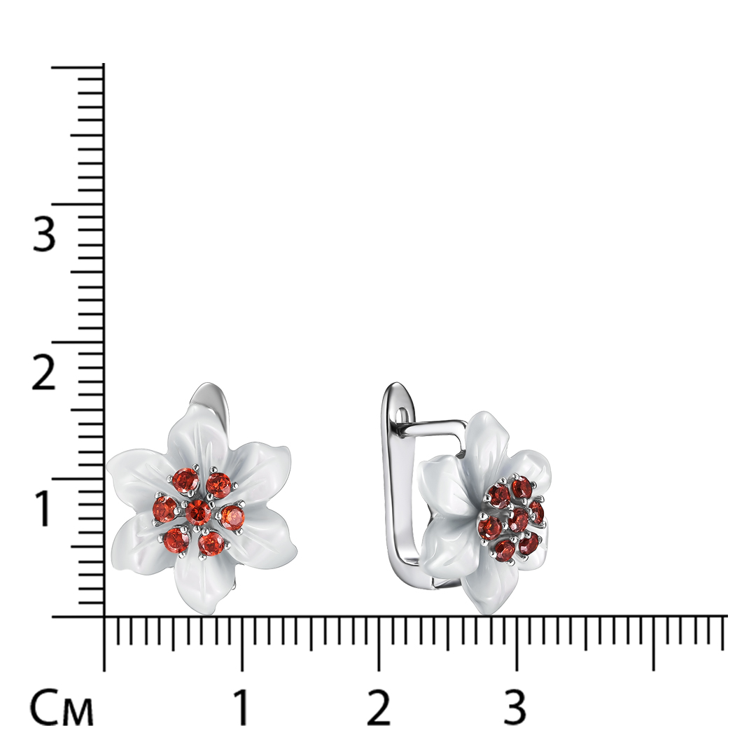 Серебряные серьги 925 пробы; вставки 2 Перламутр белый; 14 Фианит оранж.;