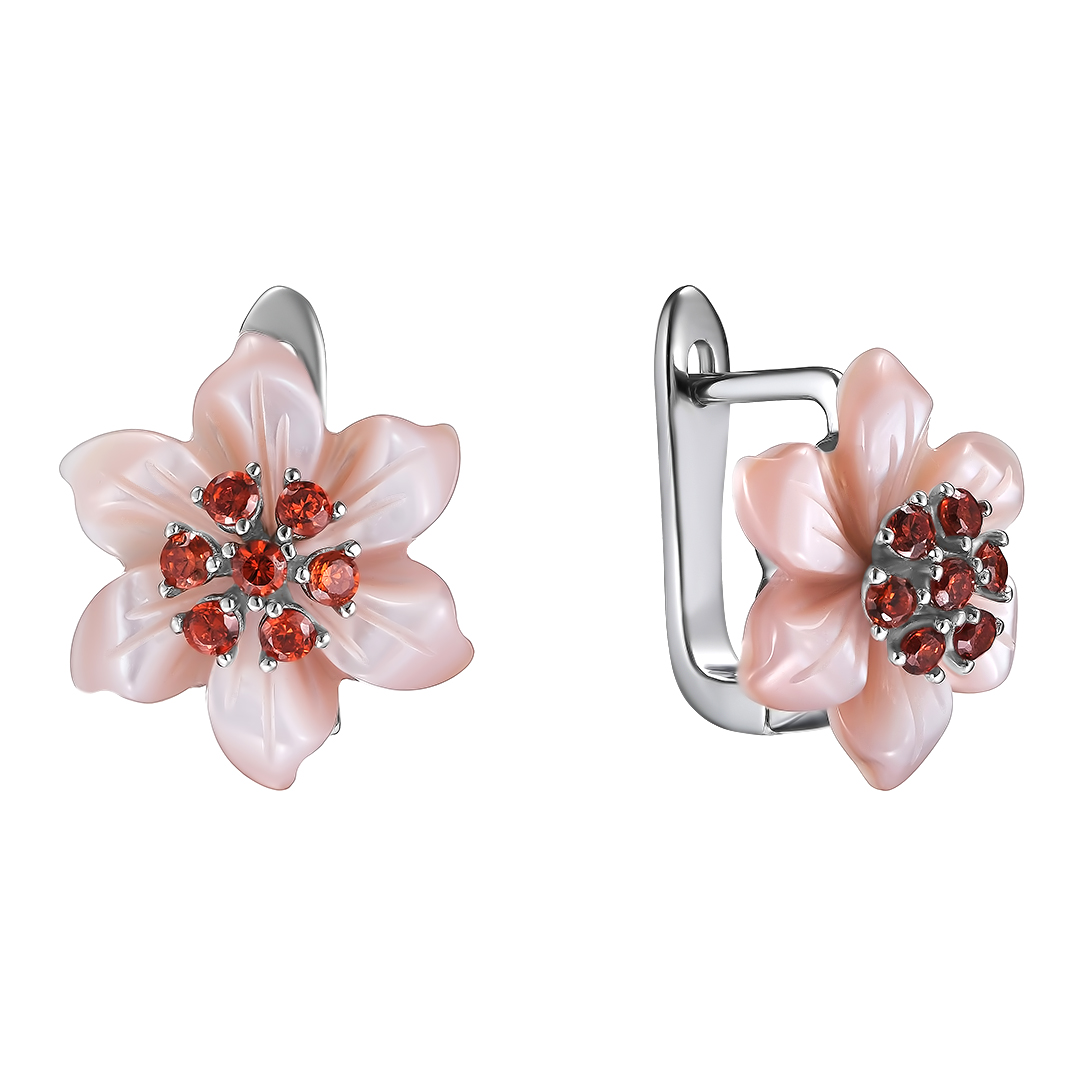 Серебряные серьги 925 пробы; вставки 2 Перламутр розовый.; 14 Фианит оранж.;