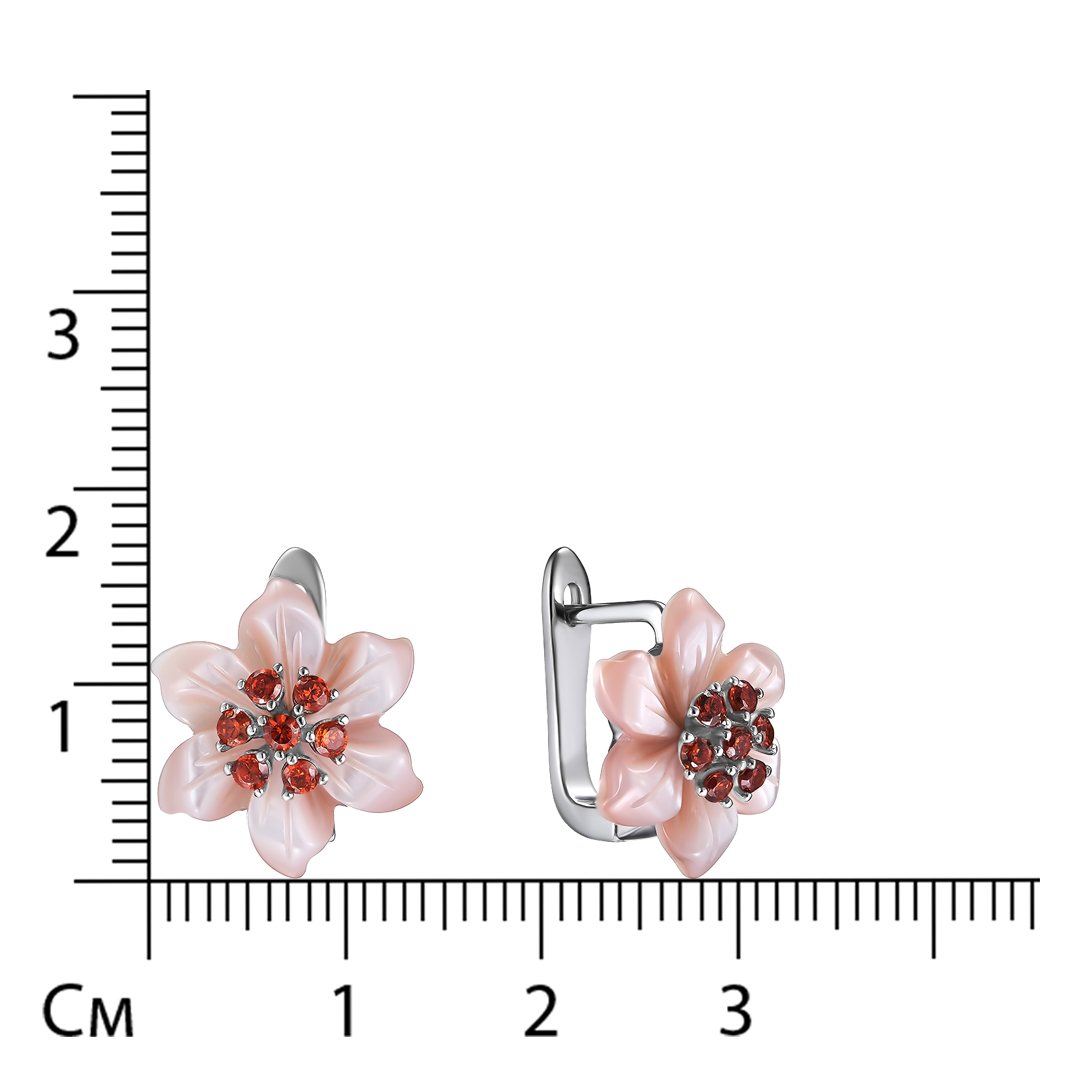 Серебряные серьги 925 пробы; вставки 2 Перламутр розовый.; 14 Фианит оранж.;