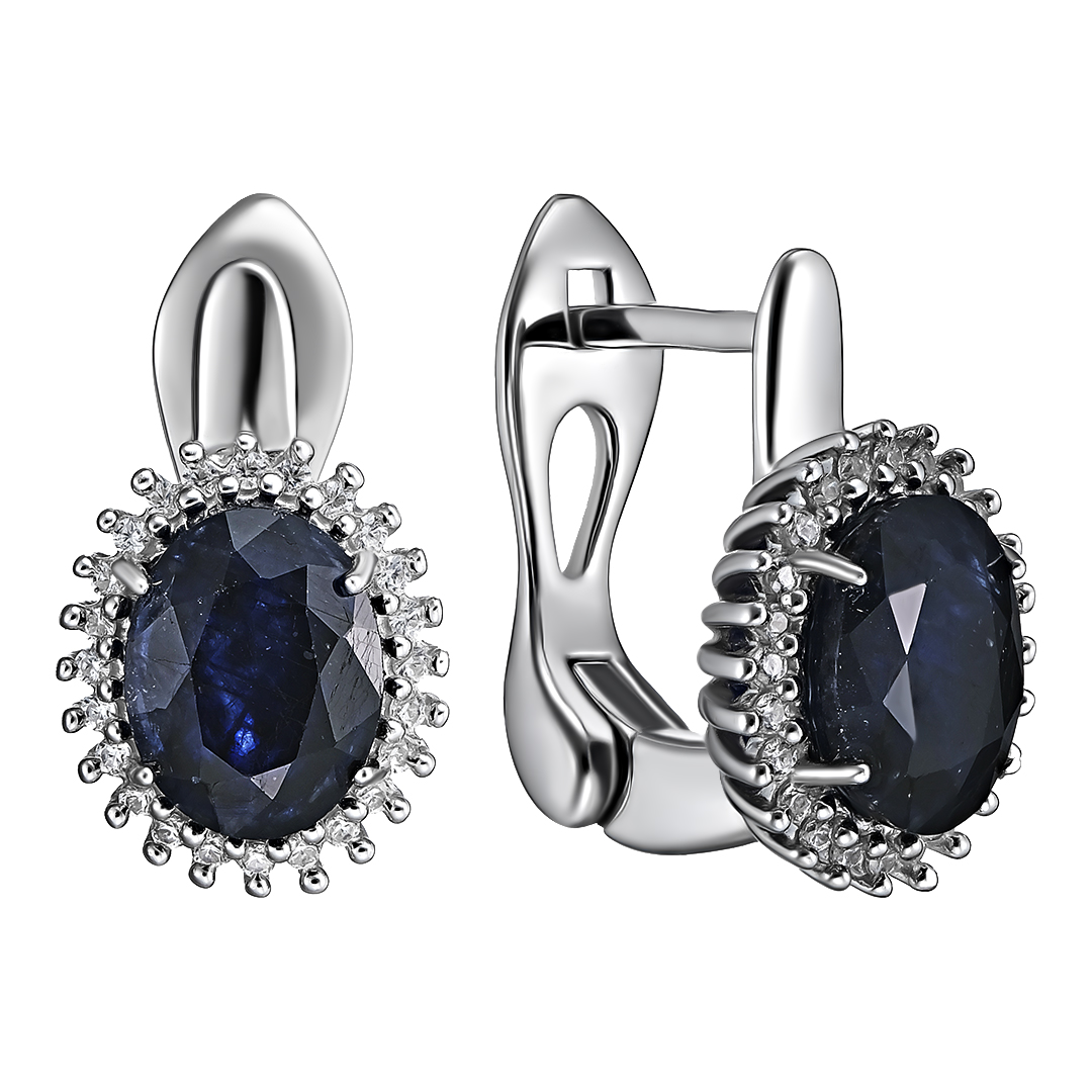 Серебряные серьги 925 пробы; вставки 2 Сапфир U/2 4,9 ct; 48 Куб. Цирконий бесцв. 0,24 ct;