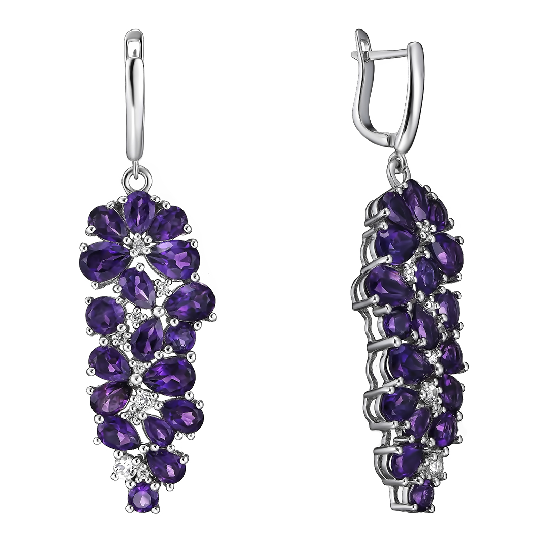 Серебряные серьги 925 пробы; вставки 36 Аметист 15,0ct (Африка); 18 Топаз белый 0,65ct;