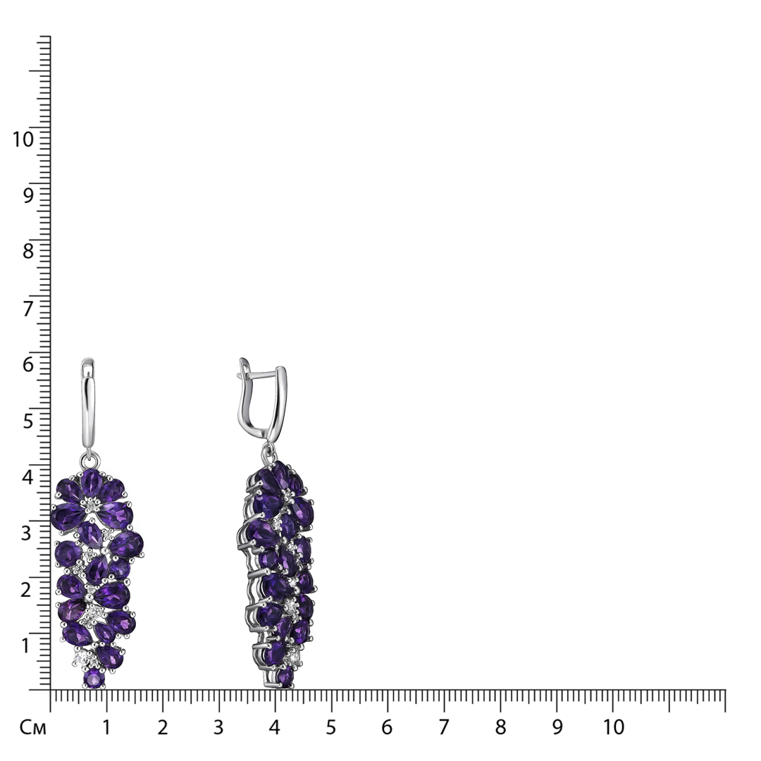 Серебряные серьги 925 пробы; вставки 36 Аметист 15,0ct (Африка); 18 Топаз белый 0,65ct;