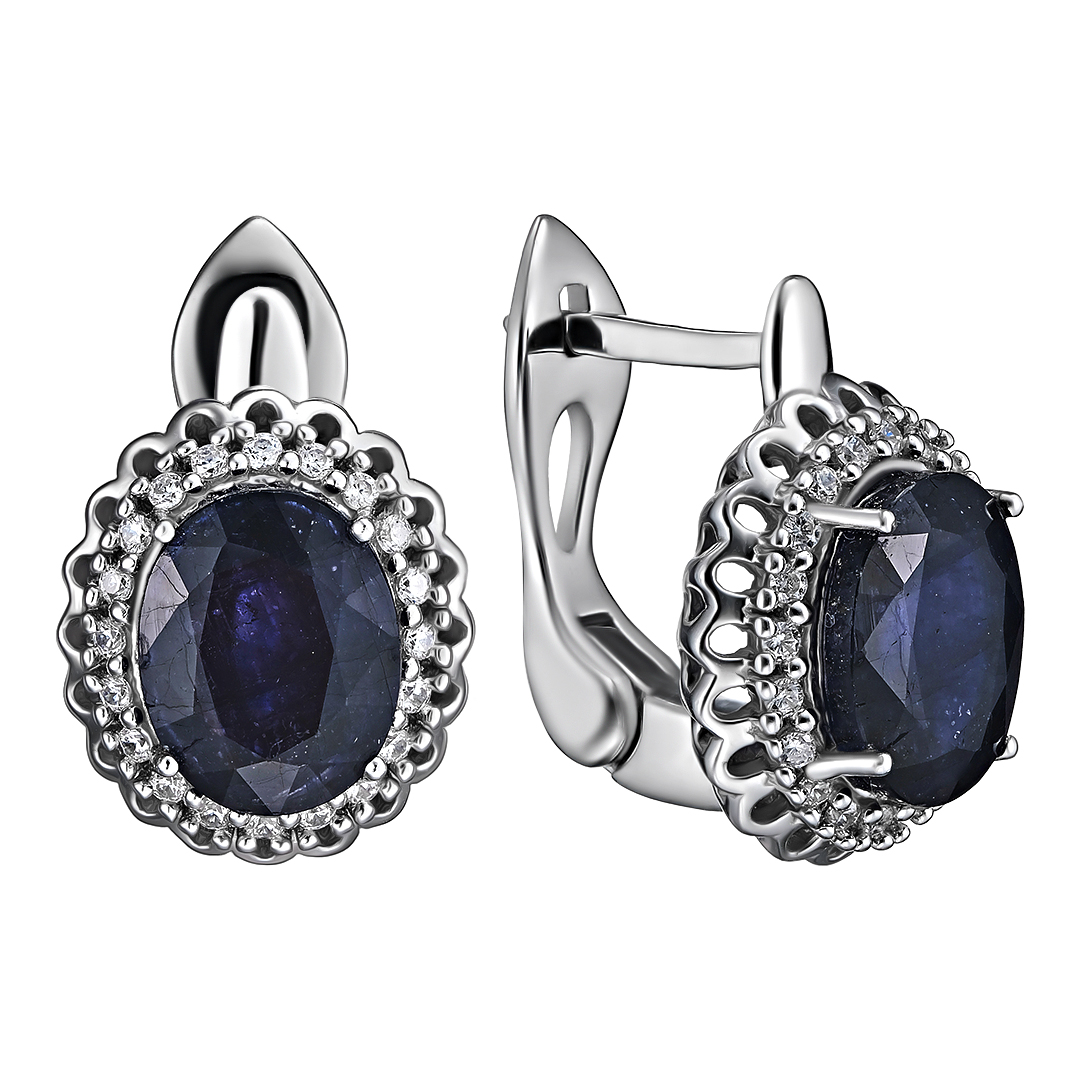 Серебряные серьги 925 пробы; вставки 2 Сапфир U/2 7,1ct; 40 Куб.Цирконий бесцв. 0,8ct;