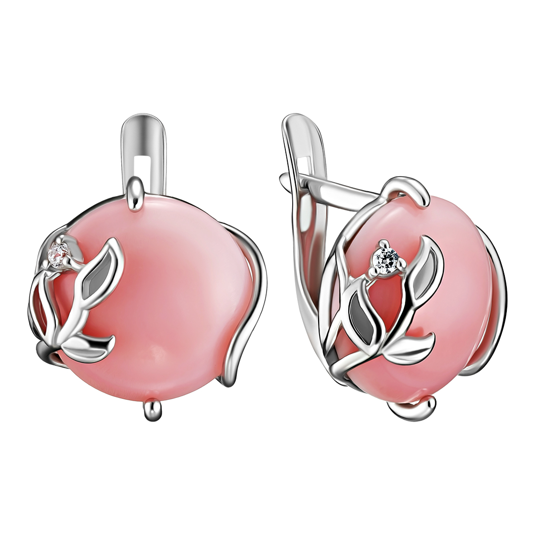 Серебряные серьги 925 пробы; вставки 2 Коралл; 2 Фианит бесцв.;