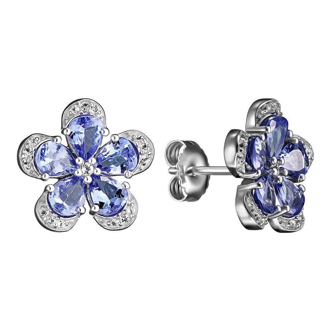 Серебряные серьги-пусеты 925 пробы; вставки 10 Танзанит 2,8ct; 32 Топаз белый 0,194ct;