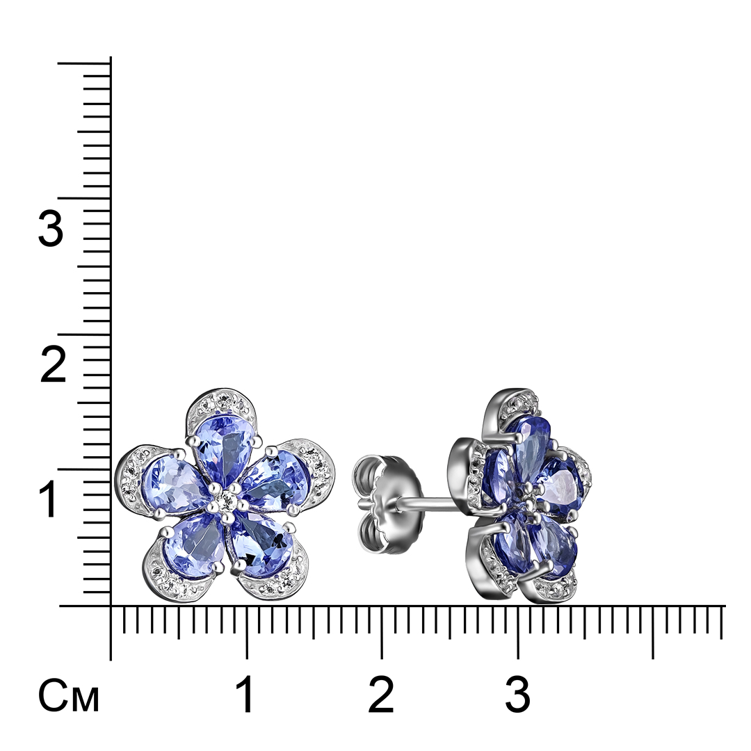 Серебряные серьги-пусеты 925 пробы; вставки 10 Танзанит 2,8ct; 32 Топаз белый 0,194ct;