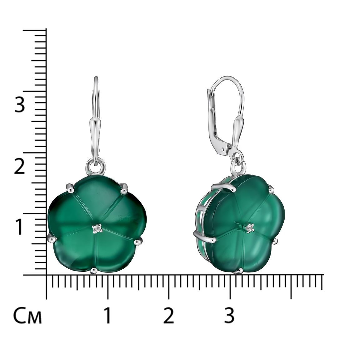 Серебряные серьги 925 пробы; вставки 2 Оникс зеленый 16,5ct; 2 Топаз бел. 0,03ct;