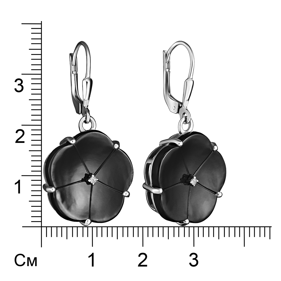 Серебряные серьги 925 пробы; вставки 2 Оникс черный 16,94ct; 2 Топаз бел. 0,03ct;