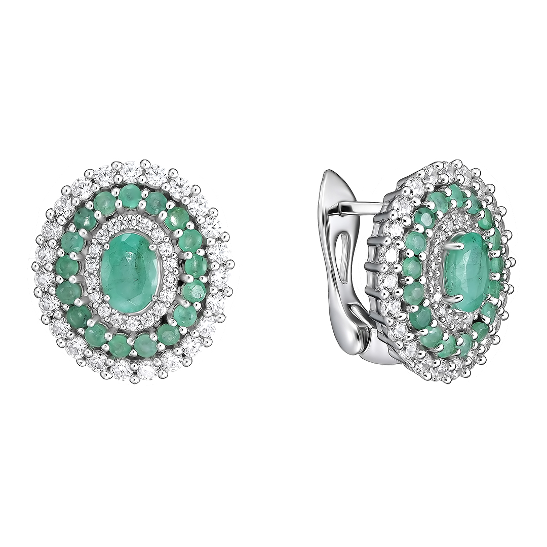 Серебряные серьги 925 пробы; вставки 36 Изумруд (F) 4/Г3 2,32ct; Россыпь Куб. Цирконий бесцв. 3,698c