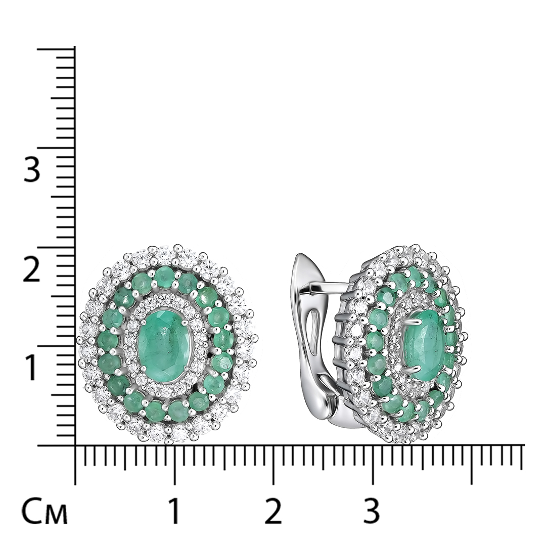 Серебряные серьги 925 пробы; вставки 36 Изумруд (F) 4/Г3 2,32ct; Россыпь Куб. Цирконий бесцв. 3,698c