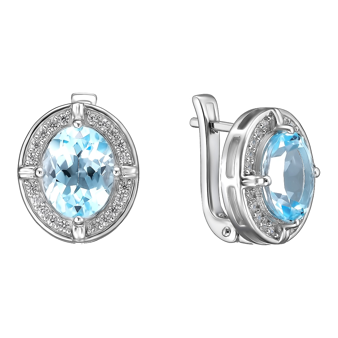 Серебряные серьги 925 пробы; вставки 2 Топаз голубой 6,1ct; 40 Циркон бесцв. 0,48ct;