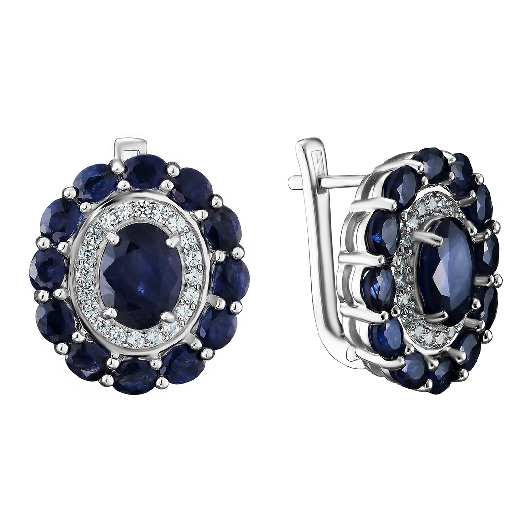 Серебряные серьги 925 пробы; вставки 26 Сапфир U/2 11,128ct; 40 Циркон бесцв. 0,88ct;