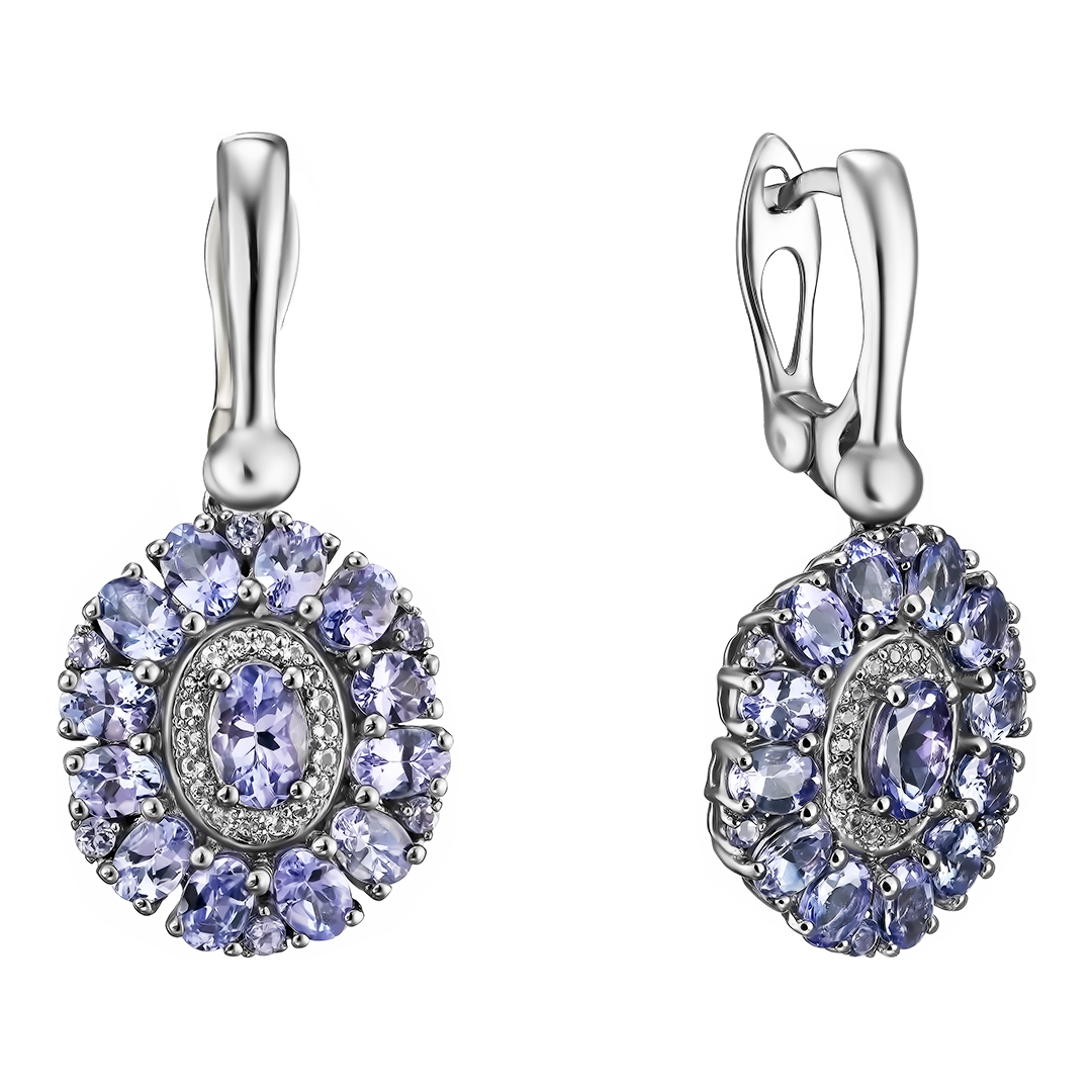 Серебряные серьги 925 пробы; родий черный; вставки 38 Танзанит 5,2ct; 36 Топаз белый 0,18ct;