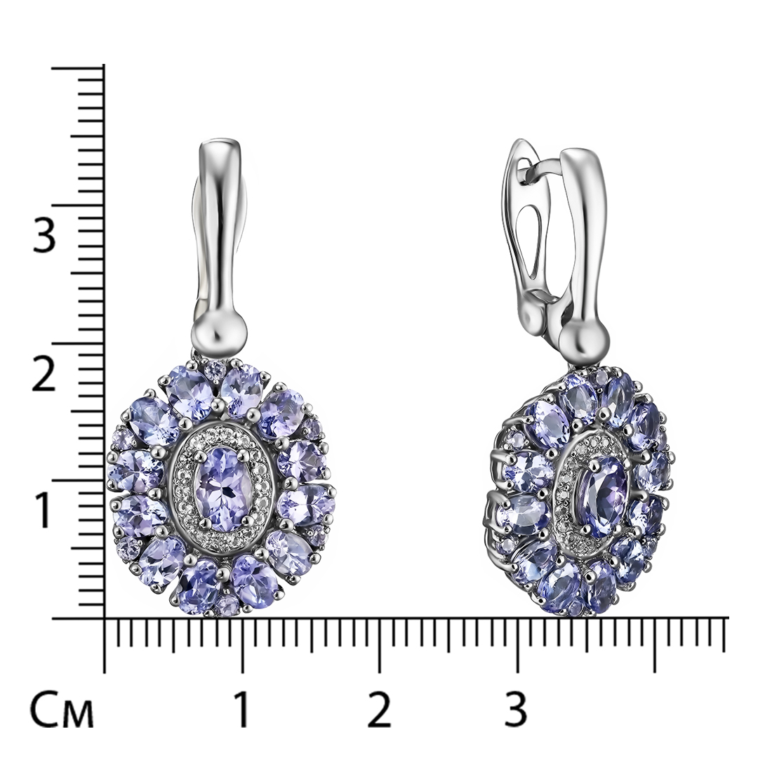 Серебряные серьги 925 пробы; родий черный; вставки 38 Танзанит 5,2ct; 36 Топаз белый 0,18ct;