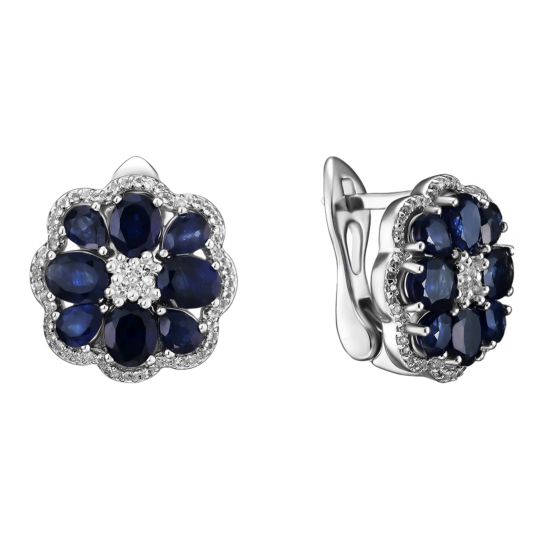 Серебряные серьги 925 пробы; вставки 16 Сапфир U/2 5,36ct; 120 Топаз белый 0,36ct;