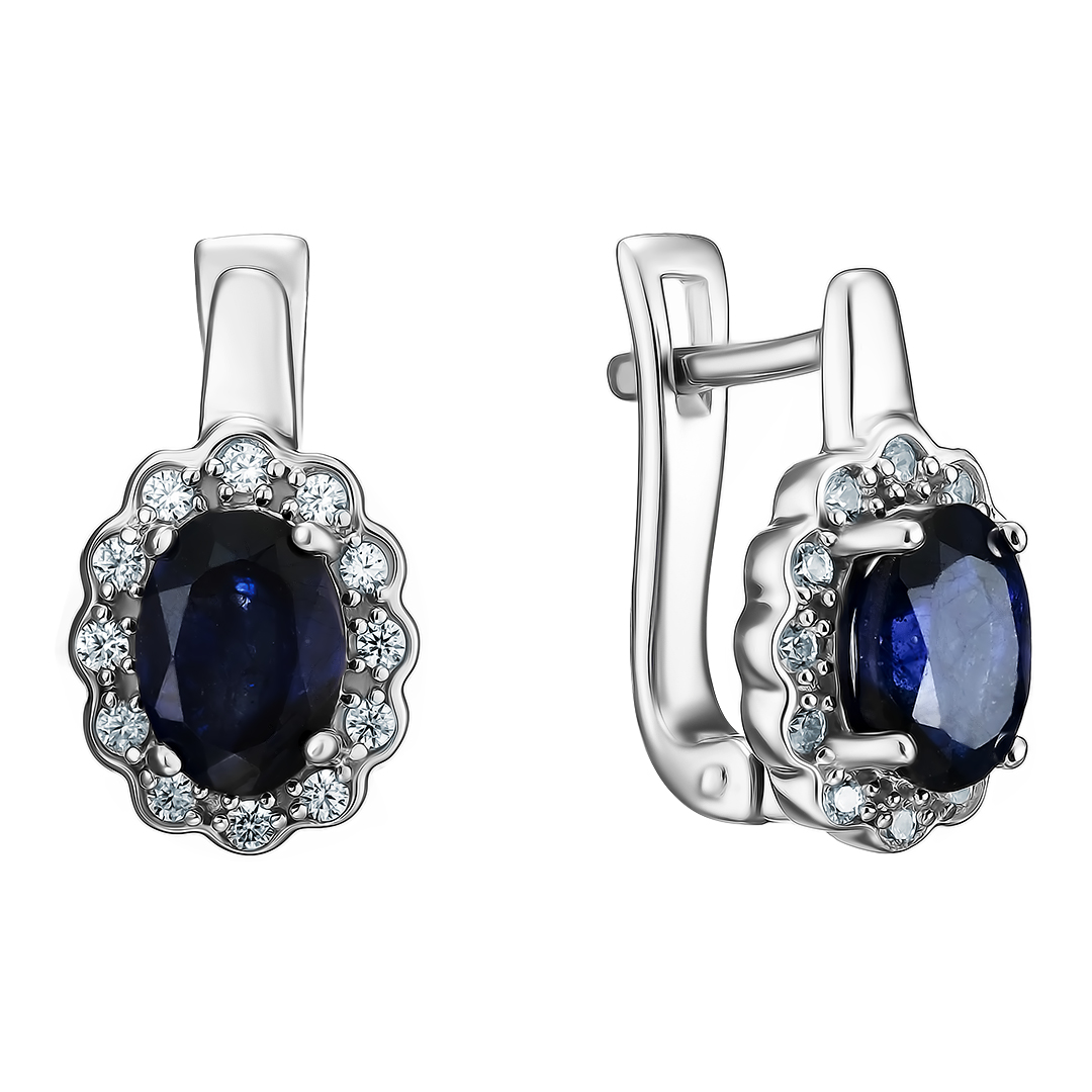 Серебряные серьги 925 пробы; вставки 2 Сапфир 2,28ct U/2; 24 Циркон бесцв. 0,29ct;