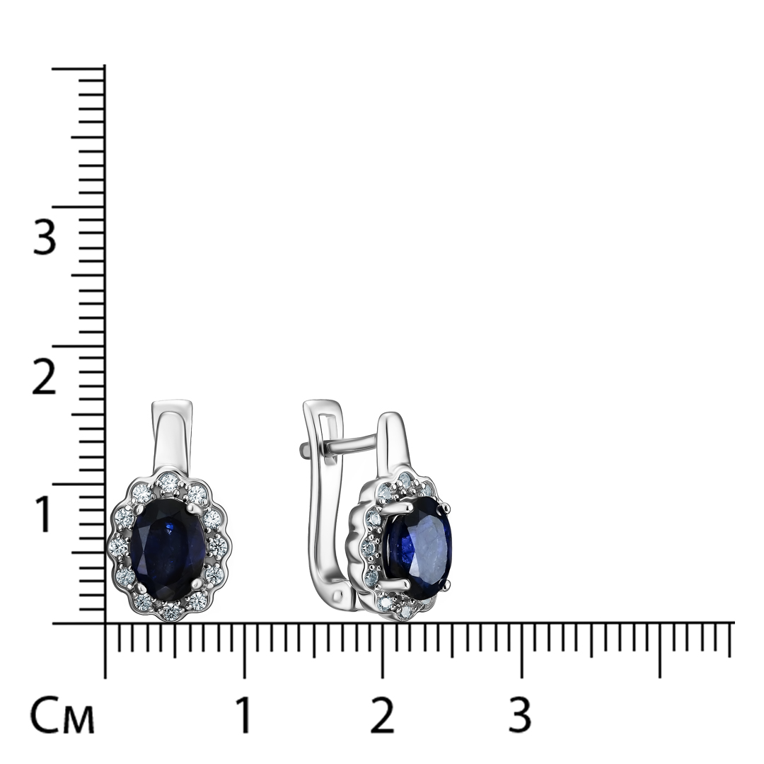 Серебряные серьги 925 пробы; вставки 2 Сапфир 2,28ct U/2; 24 Циркон бесцв. 0,29ct;