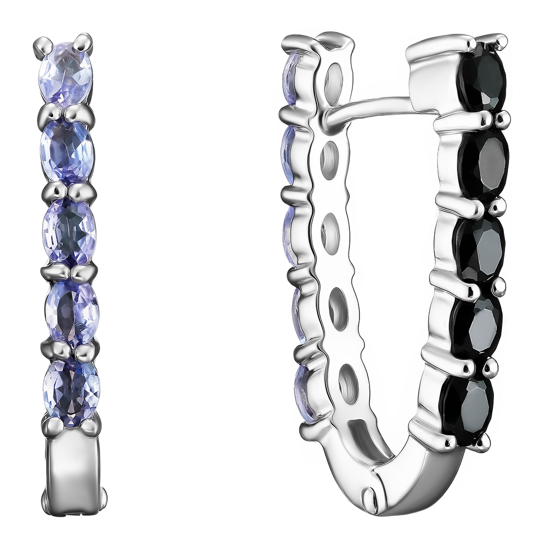 Серебряные серьги 925 пробы; вставки 10 Танзанит 1,16ct; 10 Шпинель черн. 2,40ct;