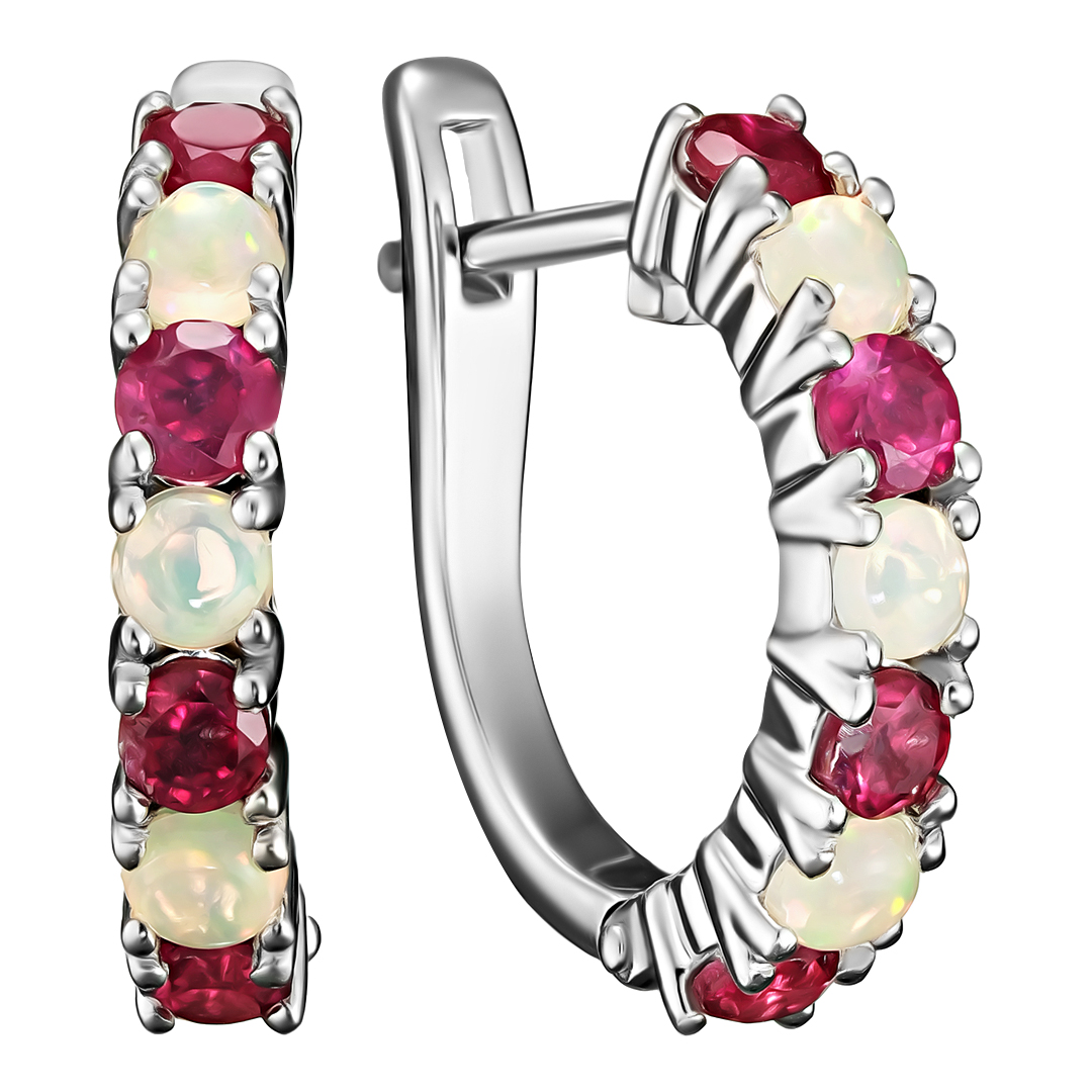 Серебряные серьги 925 пробы; вставки 8 Рубин F/2 1,04ct; 6 Опал 0,54ct;