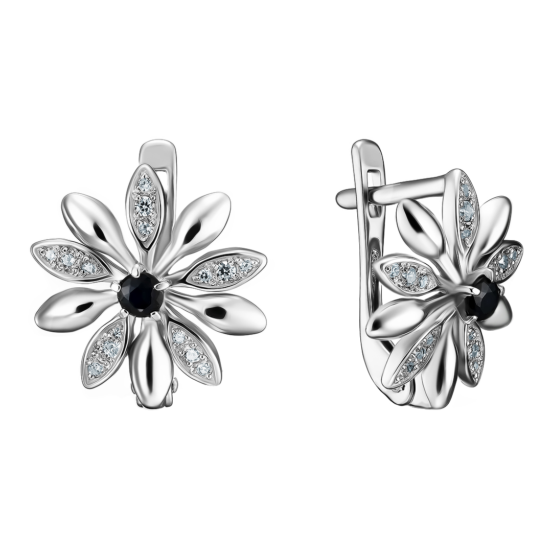 Серебряные серьги 925 пробы; вставки 2 Сапфир 0,250 U/2; 30 Фианит бесцв.;