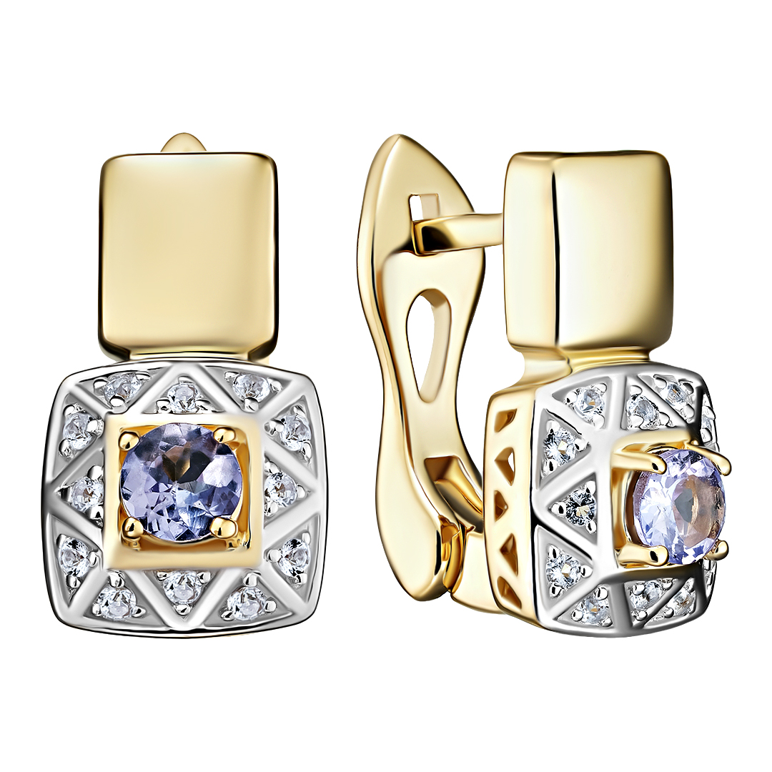 Серебряные серьги 925 пробы; вставки 2 Танзанит 0,46ct; 24 Топаз бесцв. 0,24ct;