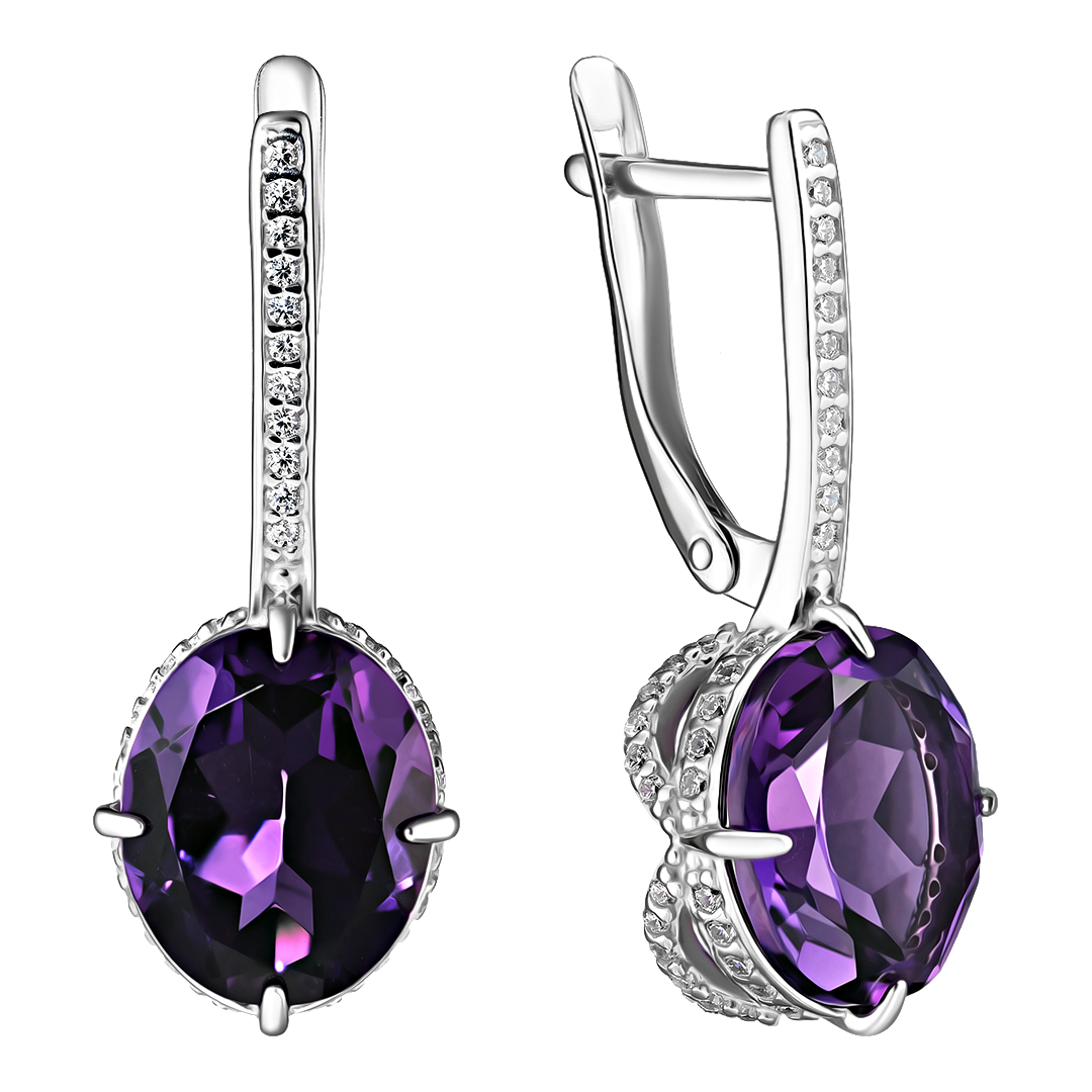 Серебряные серьги 925 пробы; вставки 2 Аметист; 110 Фианит бесцв.;