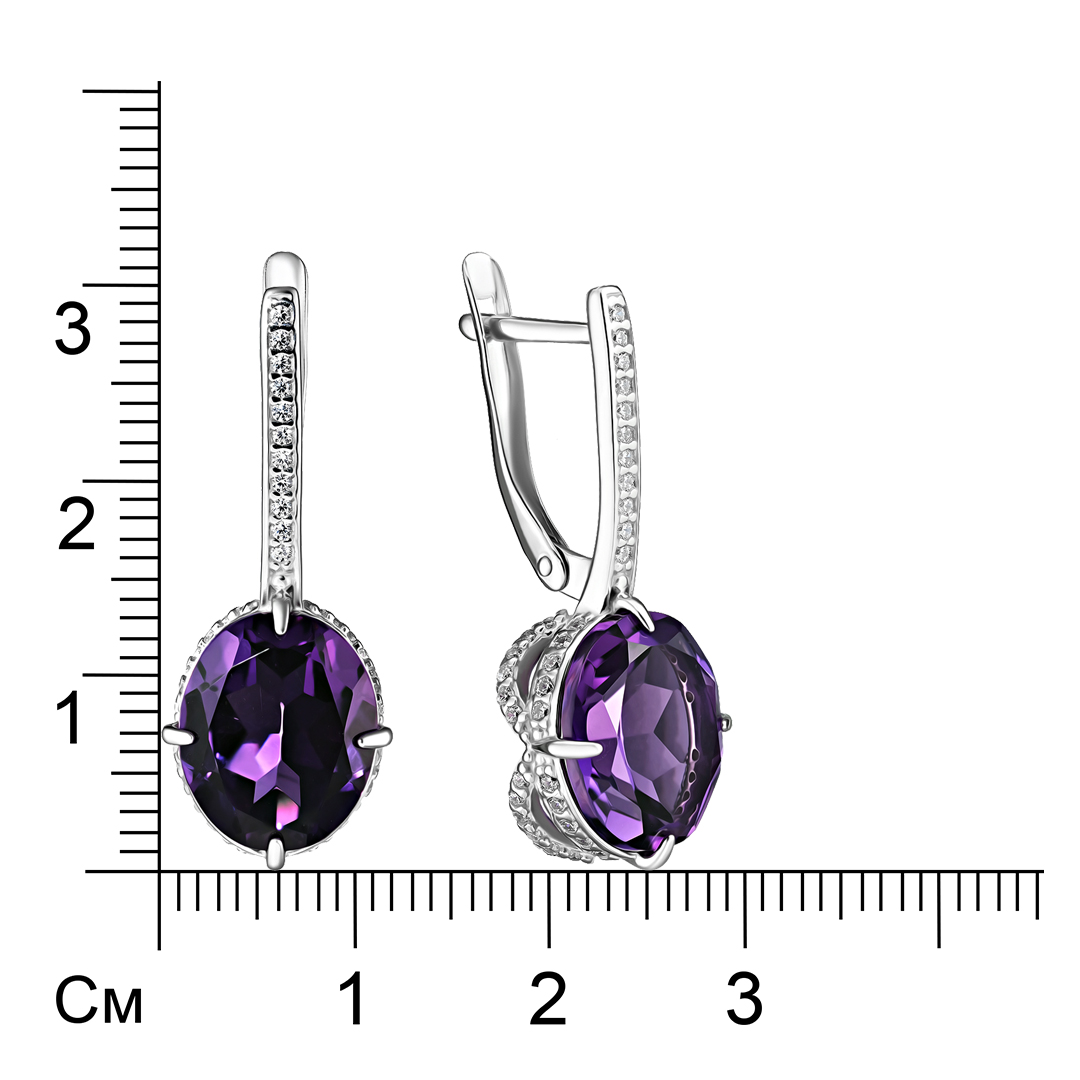 Серебряные серьги 925 пробы; вставки 2 Аметист; 110 Фианит бесцв.;