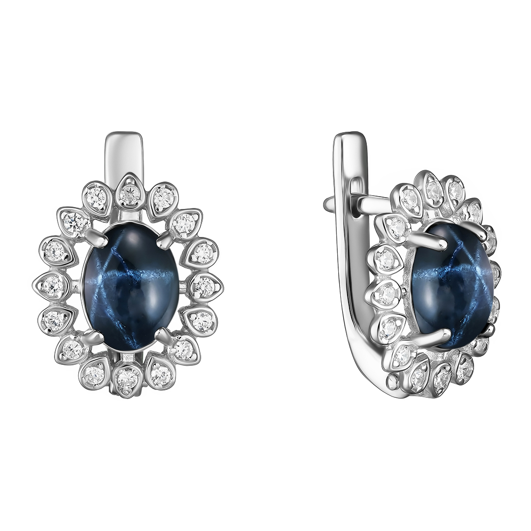 Серебряные серьги 925 пробы; вставки 2 Сапфир 4,179 U/2; 32 Фианит бесцв.;