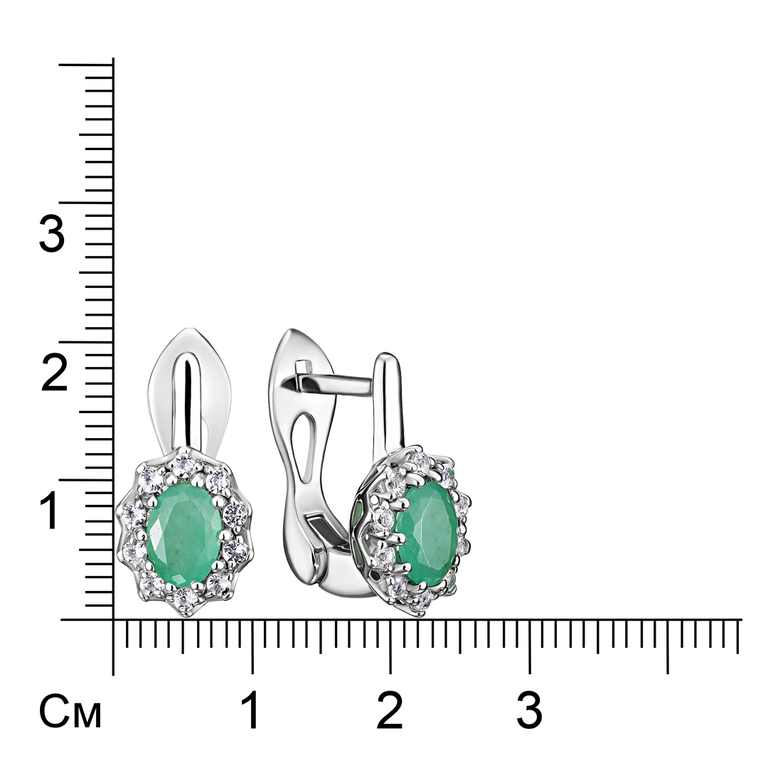 Серебряные серьги 925 пробы; вставки 2 Изумруд (F) 4/Г3 1,3ct; 20 Топаз белый 0,6ct;