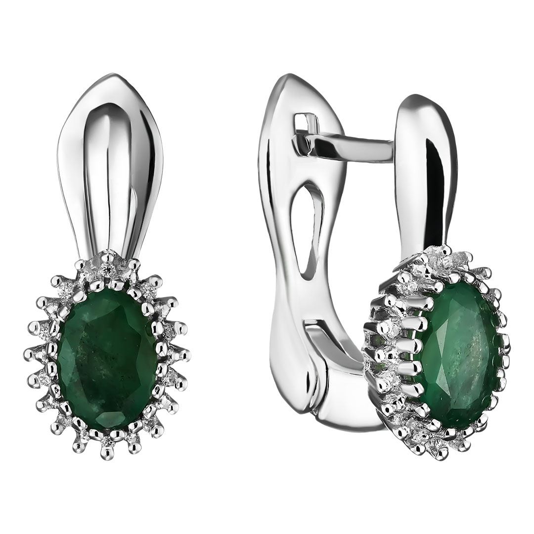 Серебряные серьги 925 пробы; вставки 2 Изумруд (F) 4/Г3 1,3ct; 20 Куб. Цирконий бесцв. 0,094ct;