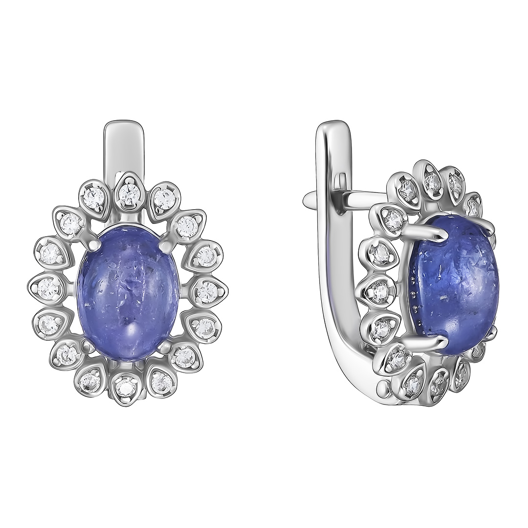 Серебряные серьги 925 пробы; вставки 2 Танзанит; 32 Фианит бесцв.;