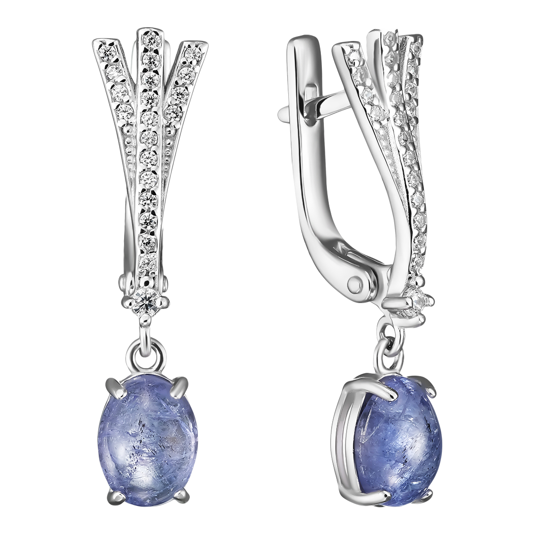 Серебряные серьги 925 пробы; вставки 2 Танзанит; 42 Фианит бесцв.;