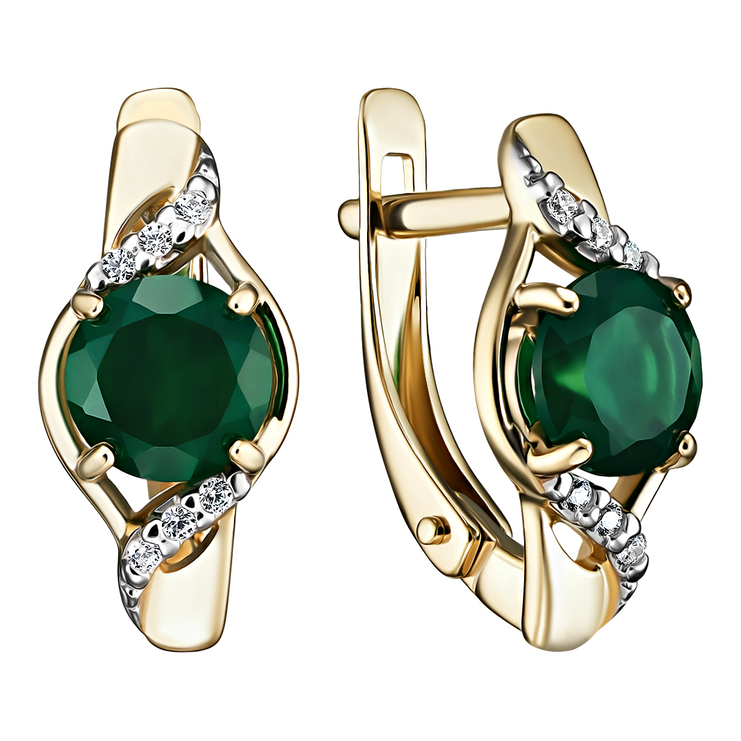 Серебряные серьги 925 пробы; вставки 2 Агат; 12 Фианит бесцв.;
