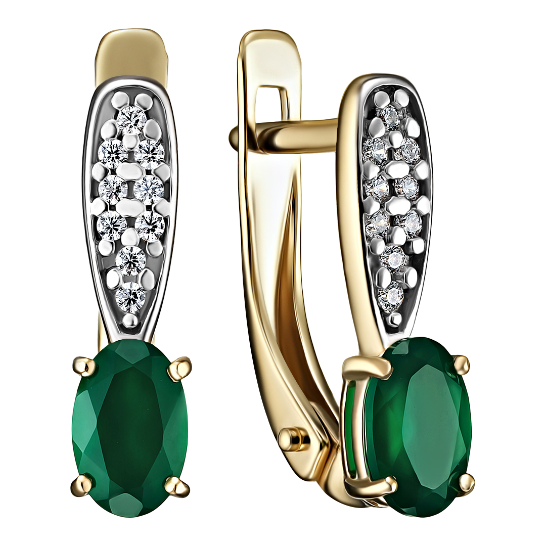 Серебряные серьги 925 пробы; вставки 2 Агат; 18 Фианит бесцв.;