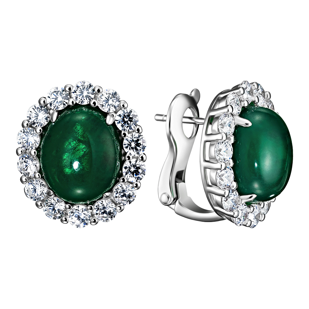 Серебряные серьги 925 пробы; вставки 2 Куб.Цирконий зеленый 14,00ct; 28 Куб.Цирконий бесцв. 0,55ct;