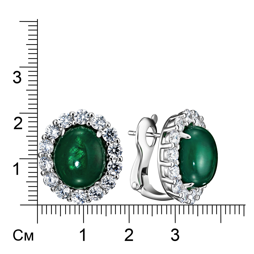 Серебряные серьги 925 пробы; вставки 2 Куб.Цирконий зеленый 14,00ct; 28 Куб.Цирконий бесцв. 0,55ct;